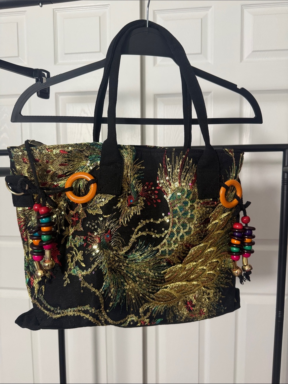 Embroidered Black & Gold Beaded Tote Bag